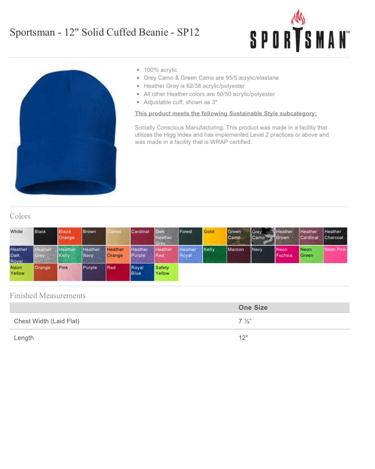 Sportsman - 12” Solid Cuffed Beanie