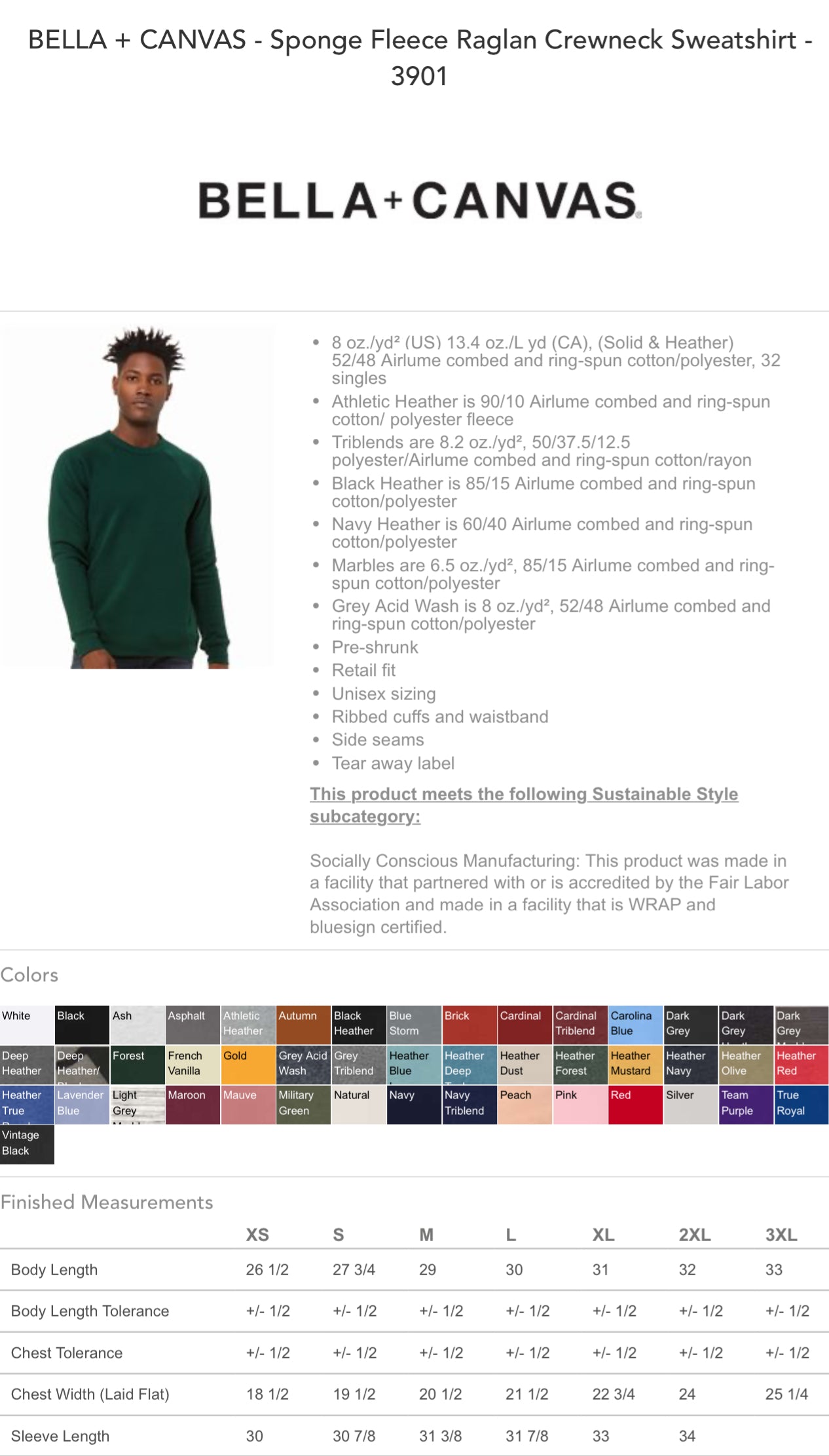 BELLA + CANVAS - Sponge Fleece Raglan Crewneck Sweatshirt - 3901