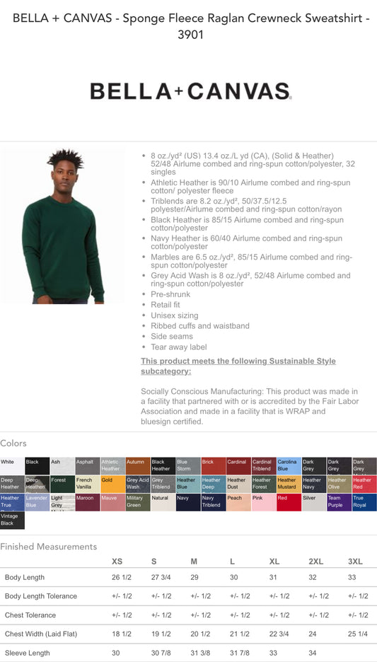 BELLA + CANVAS - Sponge Fleece Raglan Crewneck Sweatshirt - 3901